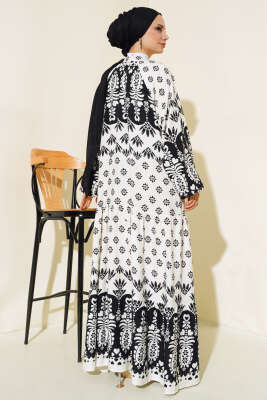 Hakim Yaka Desenli Salaş Elbise Beyaz - Tesettür Elbise