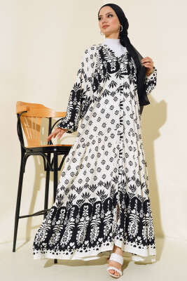 Hakim Yaka Desenli Salaş Elbise Beyaz - Tesettür Elbise