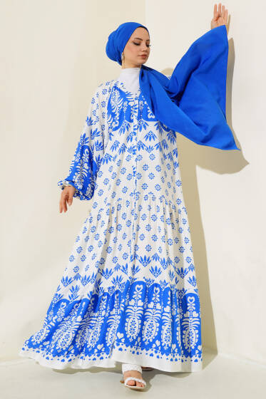 Hakim Yaka Desenli Salaş Elbise Saks - Elbise