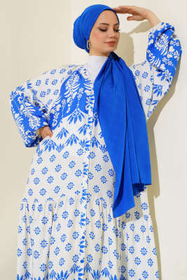 Hakim Yaka Desenli Salaş Elbise Saks - Tesettür Elbise