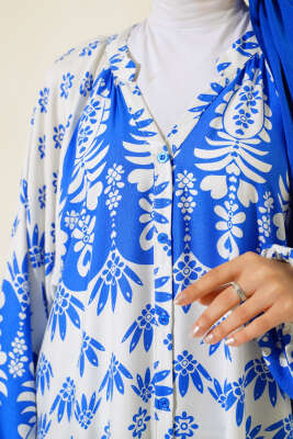 Hakim Yaka Desenli Salaş Elbise Saks - Tesettür Elbise