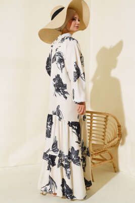 Hakim Yaka Desenli Salaş Elbise Siyah Bej - Tesettür Elbise