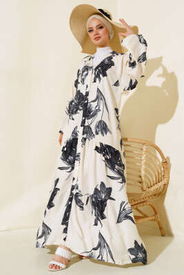 Hakim Yaka Desenli Salaş Elbise Siyah Bej - Tesettür Elbise