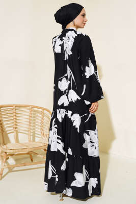 Hakim Yaka Desenli Salaş Elbise Siyah Beyaz - Tesettür Elbise