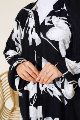 Hakim Yaka Desenli Salaş Elbise Siyah Beyaz - Tesettür Elbise