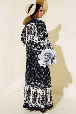 Hakim Yaka Desenli Salaş Elbise Siyah - Tesettür Elbise