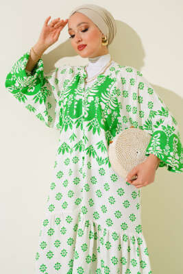 Hakim Yaka Desenli Salaş Elbise Yeşil - Tesettür Elbise