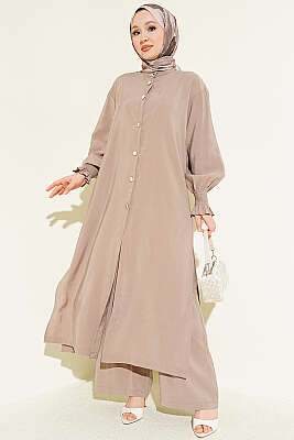 Hakim Yaka Düğmeli Basic İkili Takım Bej - MODA NORVELLA