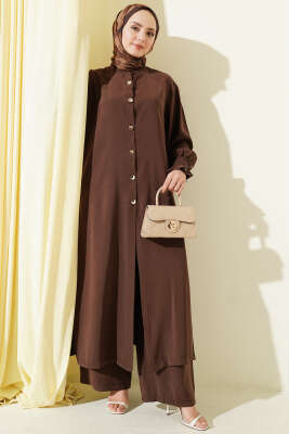 Hakim Yaka Düğmeli Basic İkili Takım Kahve - MODA NORVELLA