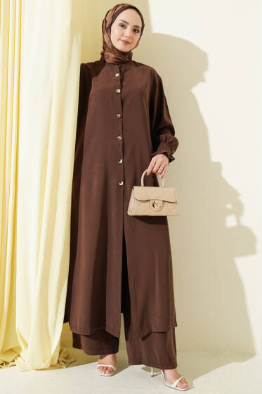 Hakim Yaka Düğmeli Basic İkili Takım Kahve - İkili Takım