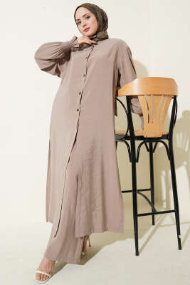 Hakim Yaka Düğmeli Basic İkili Takım Vizon - MODA NORVELLA