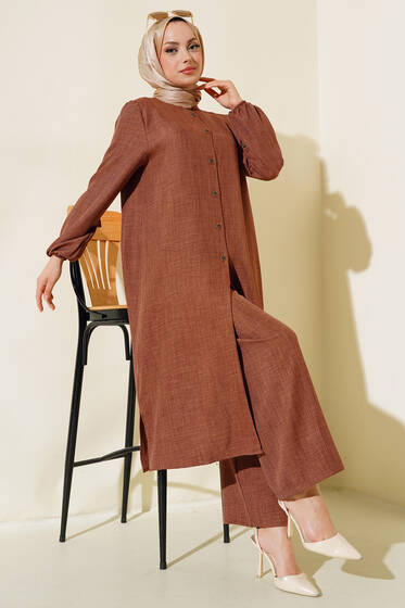 Hakim Yaka Düğmeli İkili Takım Kahve - İkili Takım