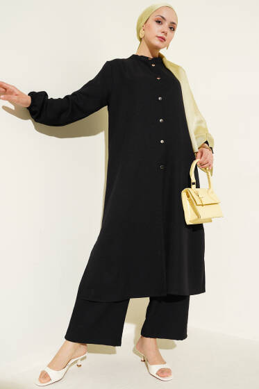 Hakim Yaka Düğmeli İkili Takım Siyah - İkili Takım
