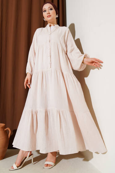 Hakim Yaka Düğmeli Kat Elbise Bej - Elbise