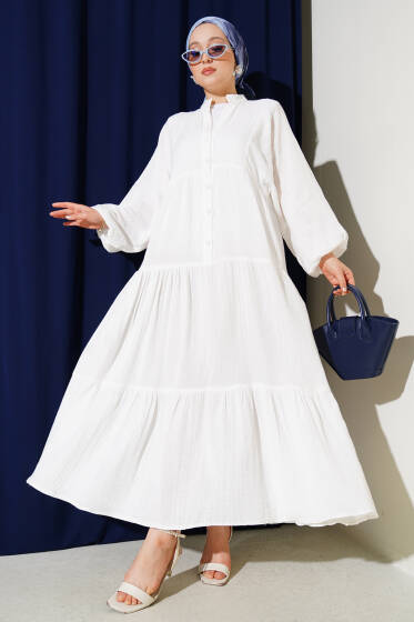 Hakim Yaka Düğmeli Kat Elbise Beyaz - Elbise