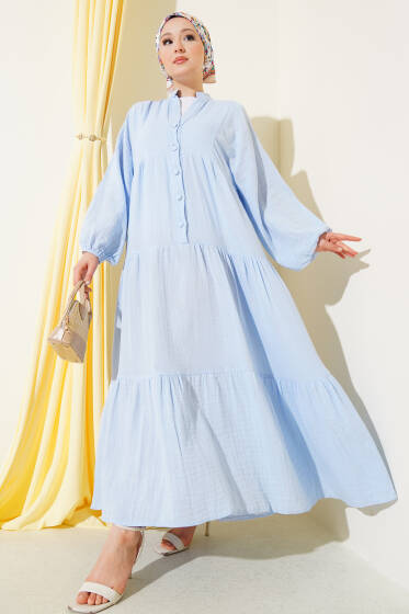 Hakim Yaka Düğmeli Kat Elbise Mavi - Elbise