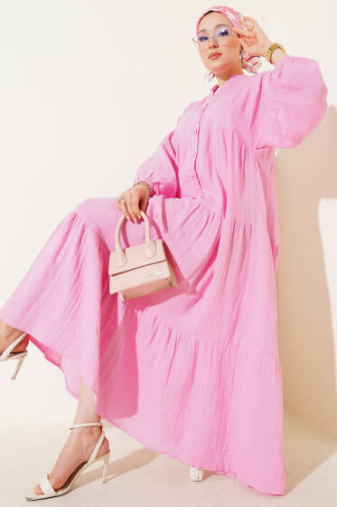 Hakim Yaka Düğmeli Kat Elbise Pembe - Elbise