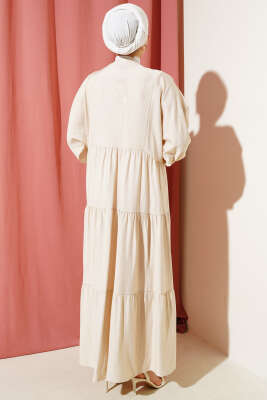 Hakim Yaka Düğmeli Kat Kat Elbise Bej - Tesettür Elbise