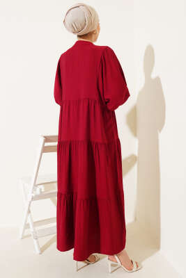 Hakim Yaka Düğmeli Kat Kat Elbise Bordo - Tesettür Elbise