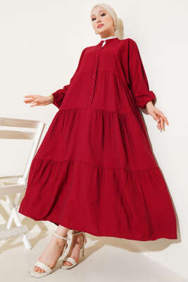 Hakim Yaka Düğmeli Kat Kat Elbise Bordo 