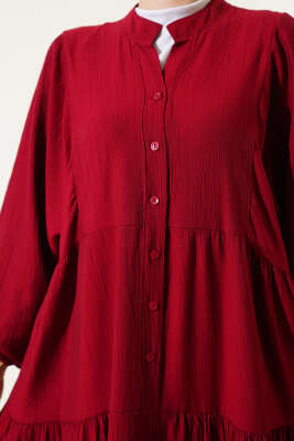 Hakim Yaka Düğmeli Kat Kat Elbise Bordo - Tesettür Elbise