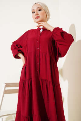 Hakim Yaka Düğmeli Kat Kat Elbise Bordo - Tesettür Elbise