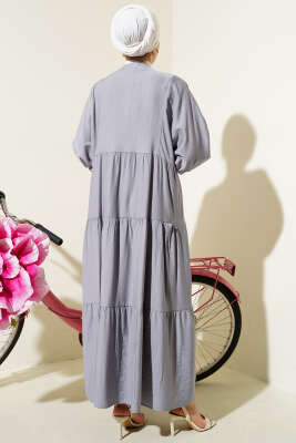 Hakim Yaka Düğmeli Kat Kat Elbise Gri - Tesettür Elbise