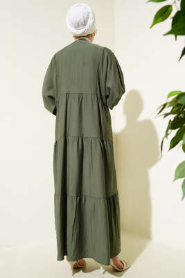 Hakim Yaka Düğmeli Kat Kat Elbise Haki - Tesettür Elbise