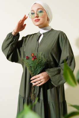 Hakim Yaka Düğmeli Kat Kat Elbise Haki - Tesettür Elbise