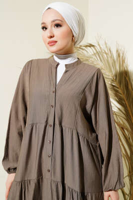 Hakim Yaka Düğmeli Kat Kat Elbise Kahve - Tesettür Elbise
