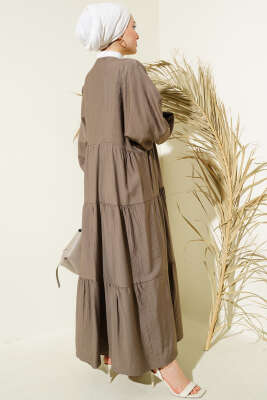 Hakim Yaka Düğmeli Kat Kat Elbise Kahve - Tesettür Elbise
