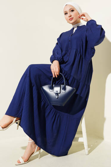 Hakim Yaka Düğmeli Kat Kat Elbise Lacivert - Elbise