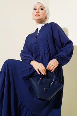 Hakim Yaka Düğmeli Kat Kat Elbise Lacivert - Tesettür Elbise