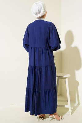 Hakim Yaka Düğmeli Kat Kat Elbise Lacivert - Tesettür Elbise