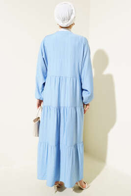 Hakim Yaka Düğmeli Kat Kat Elbise Mavi - Tesettür Elbise
