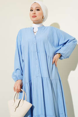 Hakim Yaka Düğmeli Kat Kat Elbise Mavi - Tesettür Elbise
