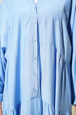 Hakim Yaka Düğmeli Kat Kat Elbise Mavi - Tesettür Elbise