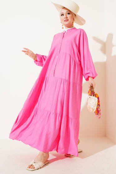 Hakim Yaka Düğmeli Kat Kat Elbise Pembe - Elbise