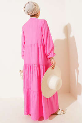 Hakim Yaka Düğmeli Kat Kat Elbise Pembe - Tesettür Elbise