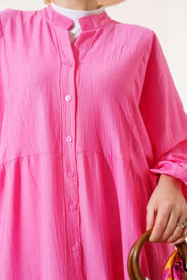 Hakim Yaka Düğmeli Kat Kat Elbise Pembe - Tesettür Elbise