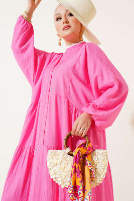 Hakim Yaka Düğmeli Kat Kat Elbise Pembe - Tesettür Elbise