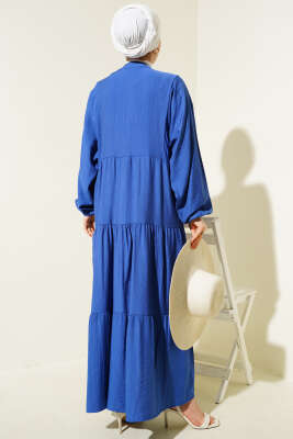 Hakim Yaka Düğmeli Kat Kat Elbise Saks - Tesettür Elbise