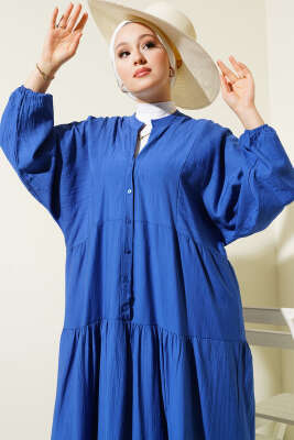 Hakim Yaka Düğmeli Kat Kat Elbise Saks - Tesettür Elbise