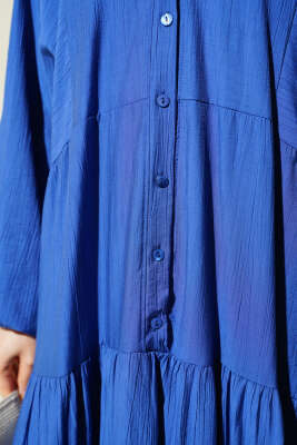 Hakim Yaka Düğmeli Kat Kat Elbise Saks - Tesettür Elbise