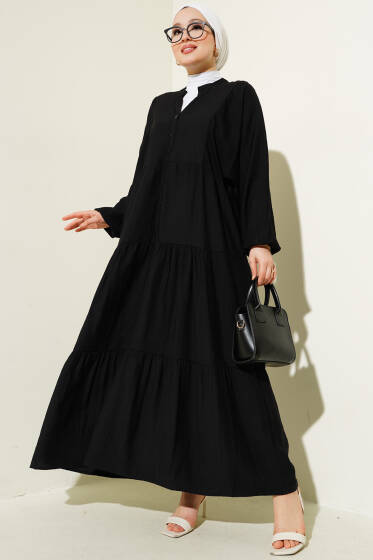 Hakim Yaka Düğmeli Kat Kat Elbise Siyah - Elbise