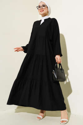 Hakim Yaka Düğmeli Kat Kat Elbise Siyah - Tesettür Elbise
