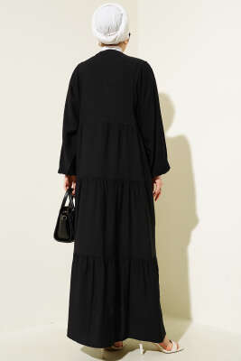 Hakim Yaka Düğmeli Kat Kat Elbise Siyah - Tesettür Elbise