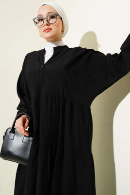 Hakim Yaka Düğmeli Kat Kat Elbise Siyah - Tesettür Elbise