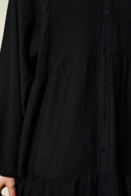 Hakim Yaka Düğmeli Kat Kat Elbise Siyah - Tesettür Elbise