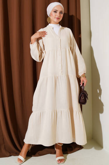 Hakim Yaka Düğmeli Müslin Elbise Bej - Elbise